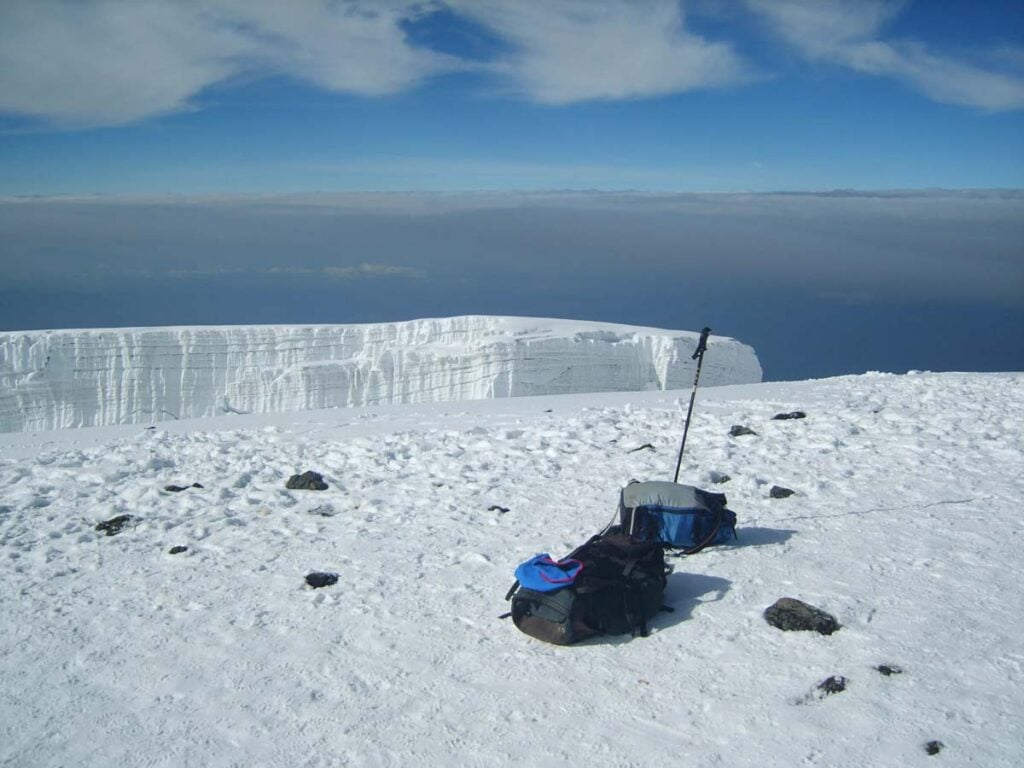 hiking kit and glacier on kilimanjaro