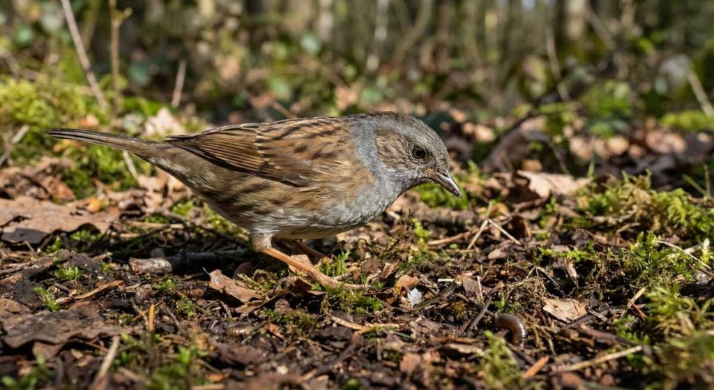 dunnock shuffling along the ground