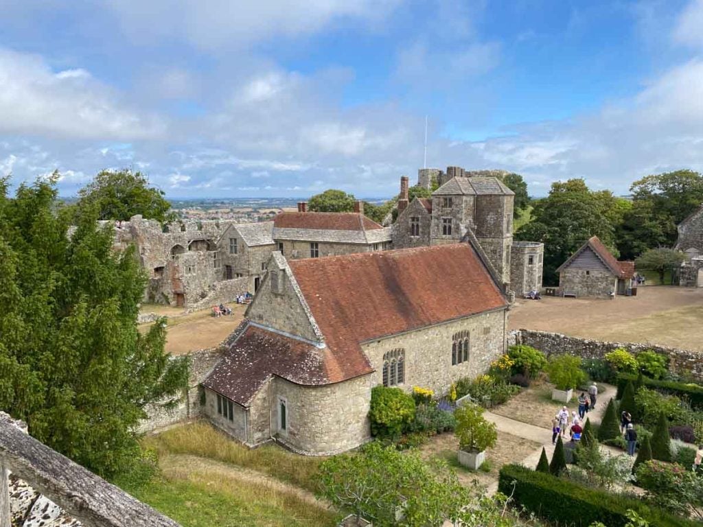 view from the battlements of Carisbrooke Castle to inside
