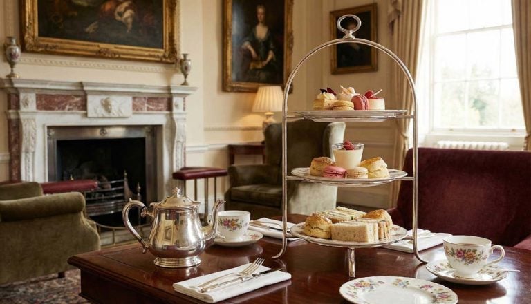 A lavish, tiered Afternoon Tea stand in a high-end setting
