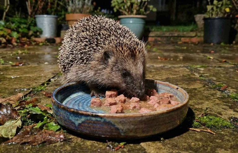 hedgehog eating wet food from a dish in the garden
