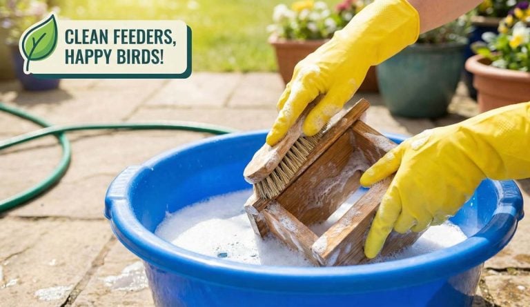 scrubbing a bird feeder thoroughly