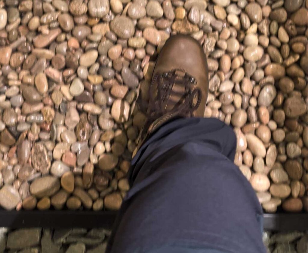 on the rocky incline ramp at boot fitting at ellis brigham