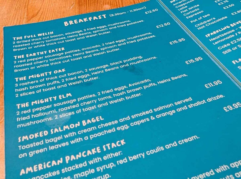 breakfast menu at The Rowan Tree Cafe