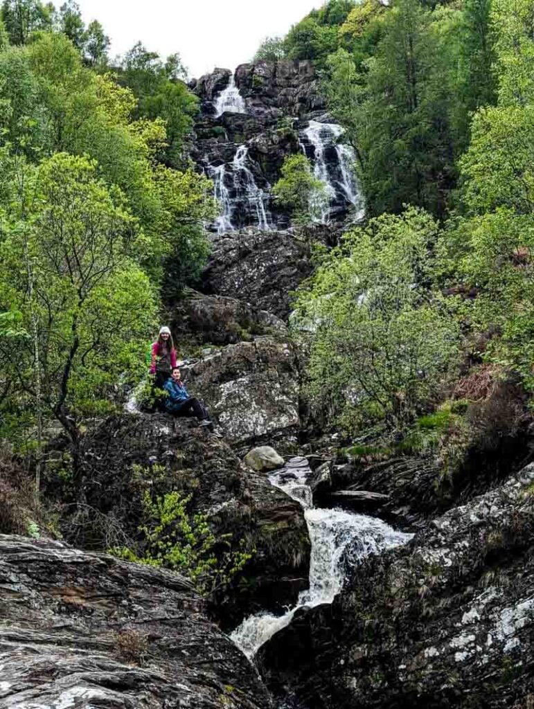 climbing the slippery rocks of Rhiwargor Waterfall