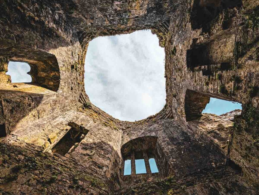 looking up the tower in Carew Castle