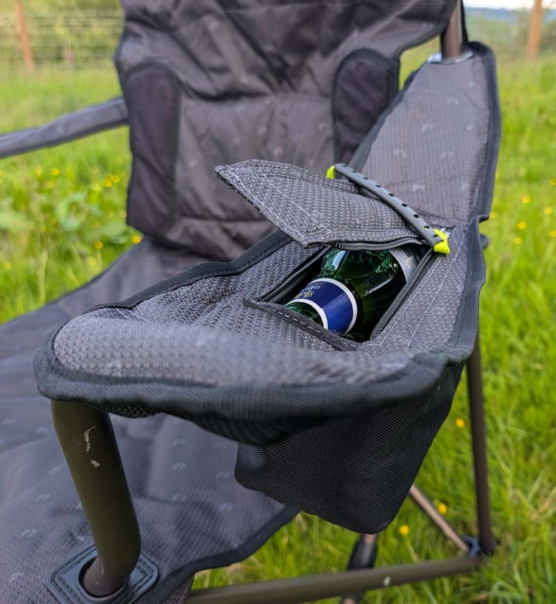 drinks in the cool box in the arm of the zempire shermanator camping chair