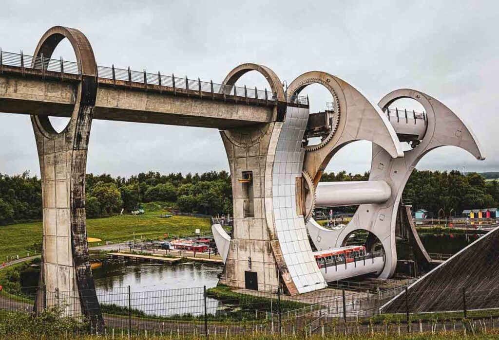 falkirk wheel in action from bank above