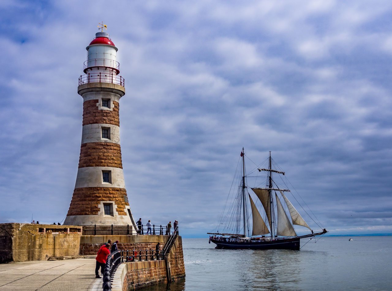 Roker pier lighthouse and ship