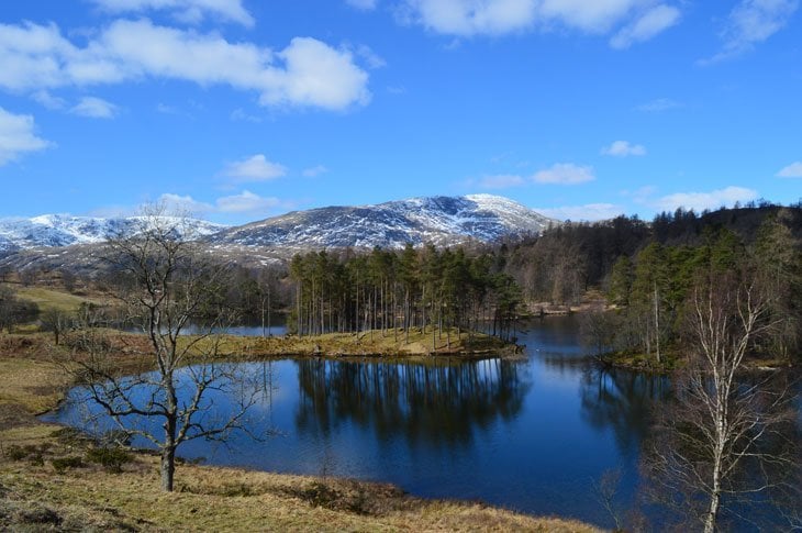 Tarn Hows with winter mountains