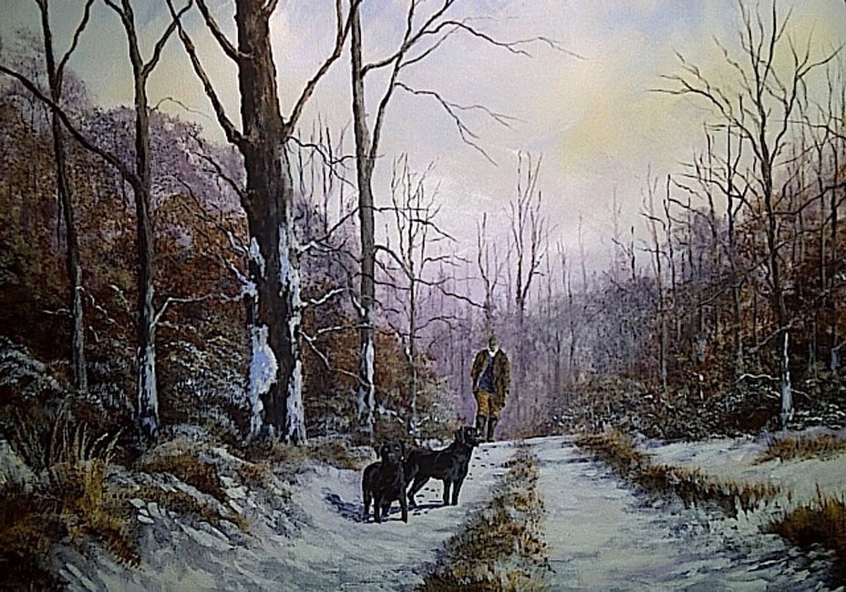 acrylic snow landscape with dogs