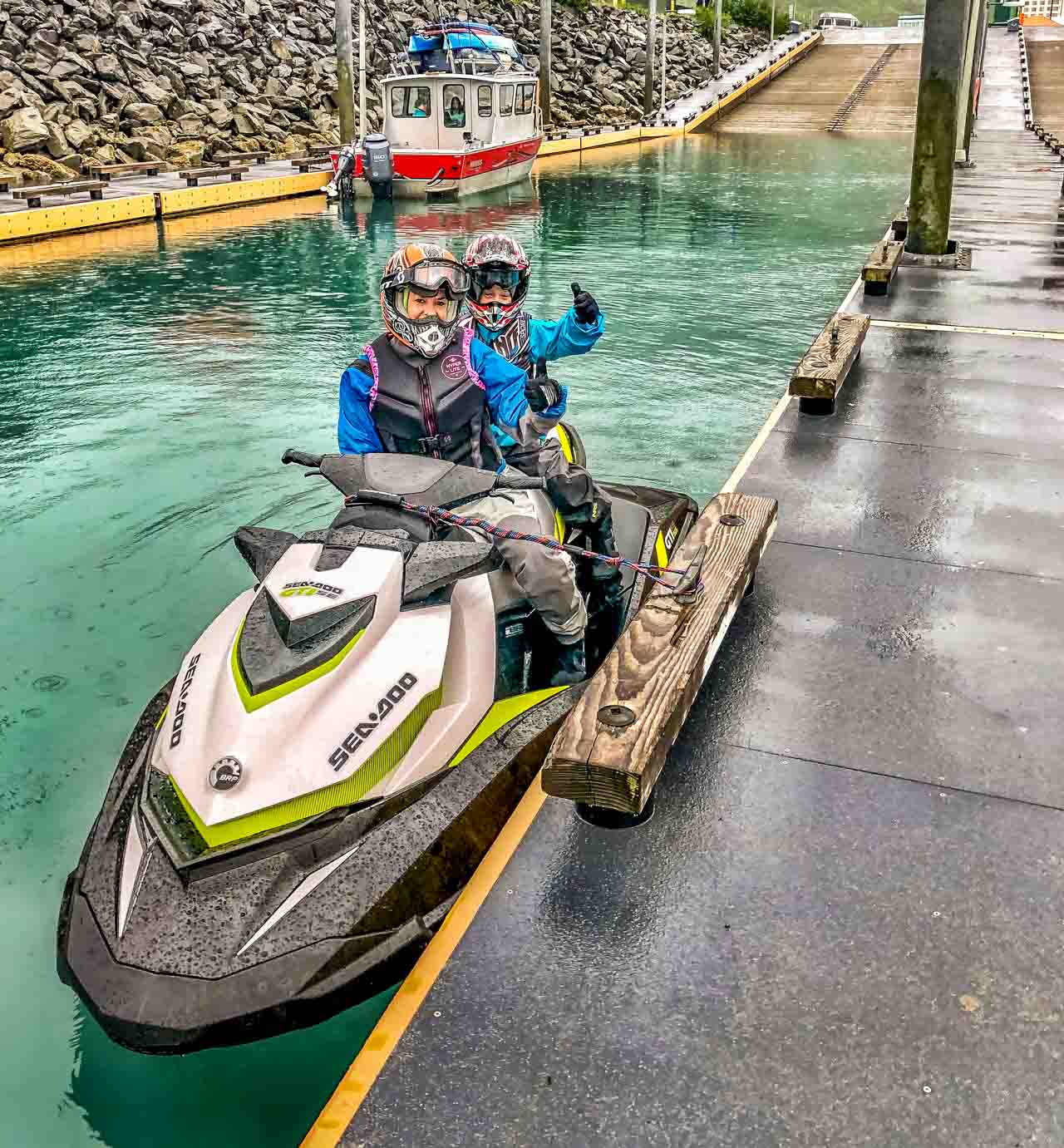 on the jet ski in Alaska with child