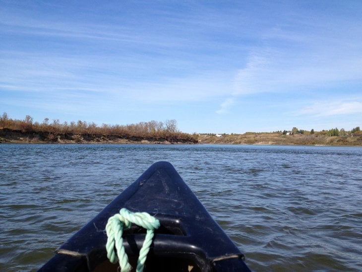 view down the South Saskatchewan River from a canoe